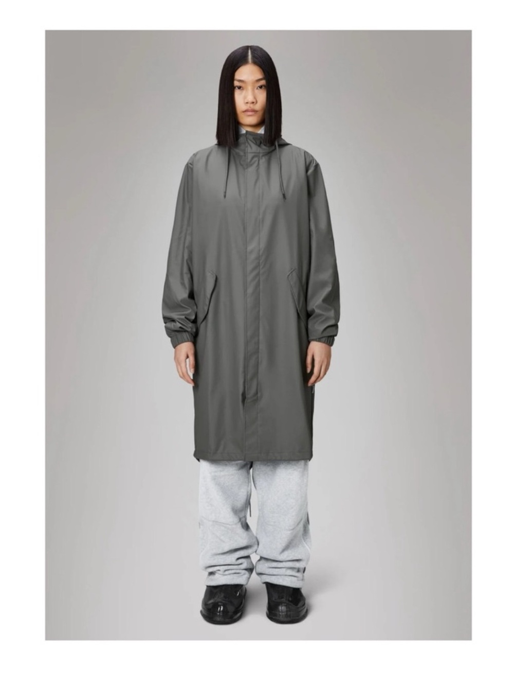 New! RAINS Fishtail Drawstring Hood Coated Parka Trench Coat in Olive Gray